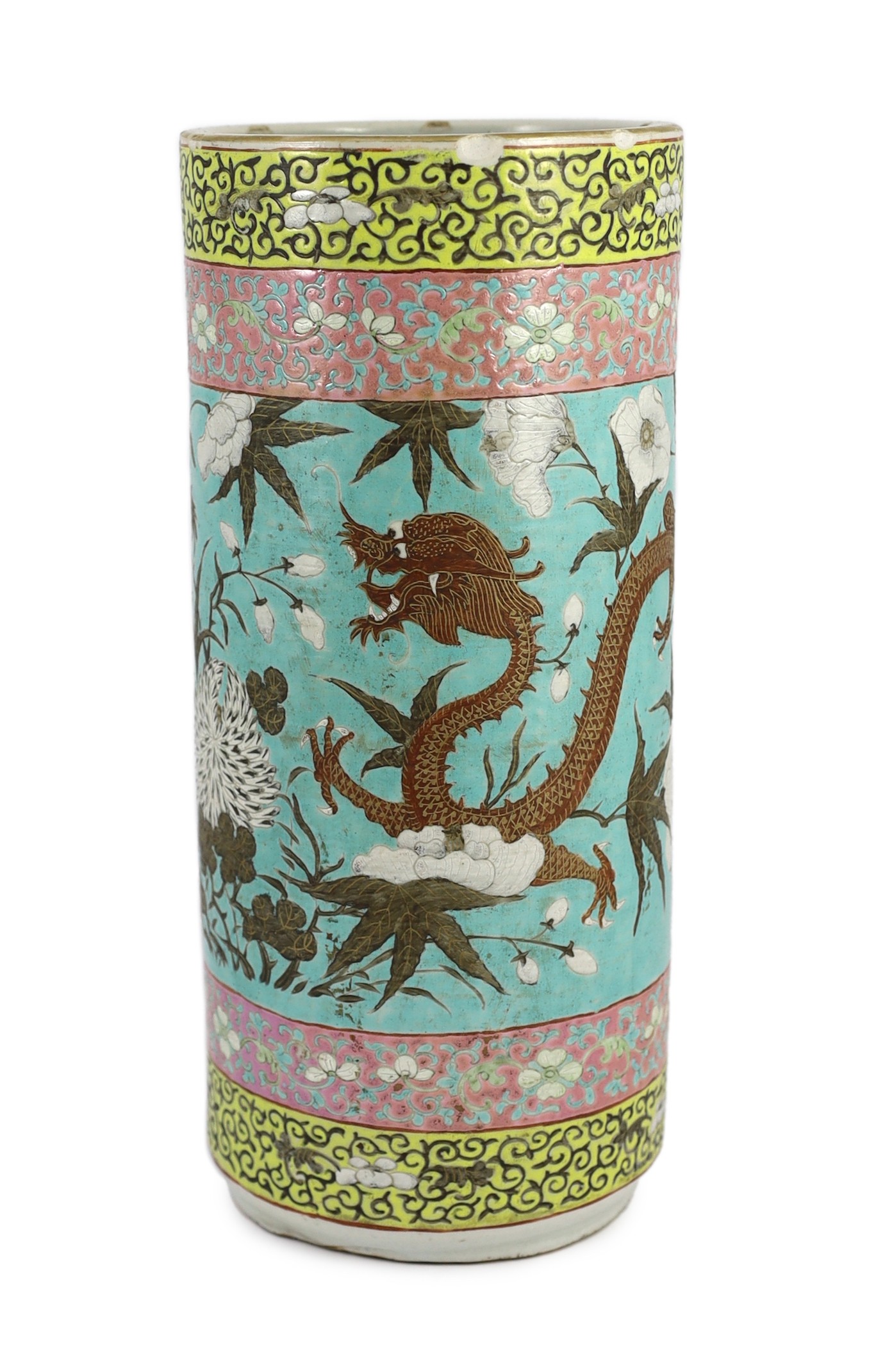 A Chinese enamelled porcelain ‘dragon’ cylindrical vase, late 19th century, 35.5cm high, rim splinter chips